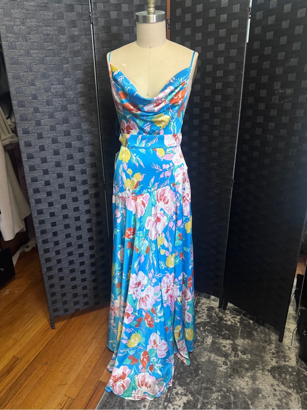 Blue Floral Cowl-Neck Maxi Dress